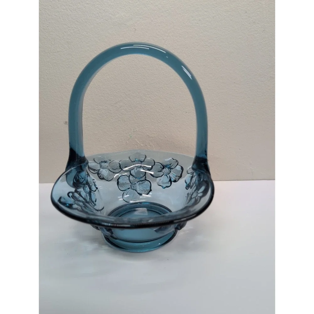 Tiara Indiana Glass Basket Blue Dogwood Embossed Flowers 6.5